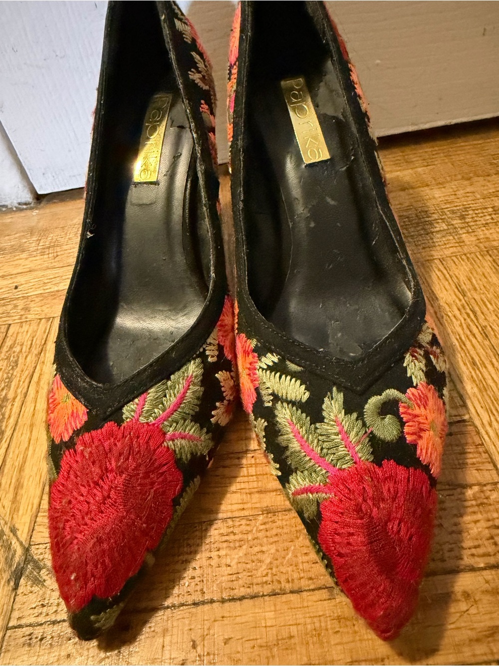 Paprika Black Floral Embroidered Pointed Heels